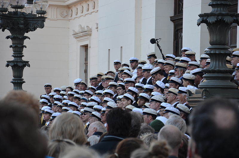 Lunds Studentsångförening (Lund University Male Voice Choir) singing traditional hymns to the spring on the stairs to Lund University main building. Photo by Bengt Oberger