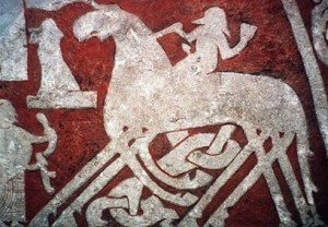 Oden Allfather entering Valhalla on his grey horse Sleipner, who had eight legs and was faster than the wind. From an image stone found in the province Gotland.(Picture from Wikipedia.)